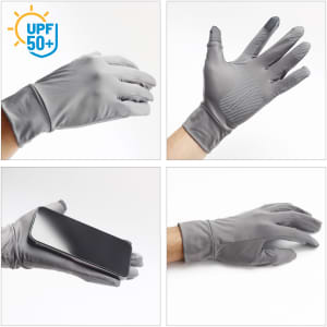 A pair of grey full-finger gloves designed for touchscreen use, featuring a textured grip and sun protection.
