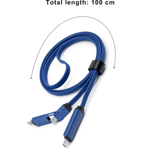 A blue 100 cm long 3-in-1 charging cable with multiple connector types and a sleek design. It features a logo.