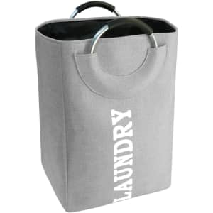 A grey laundry basket with a handle, featuring the word "LAUNDRY" printed on one side.