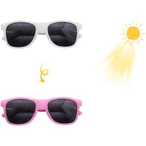 Colour changing sunglasses in white and pink, featuring dark lenses and a logo on the side.