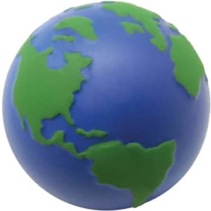 A blue and green Earth-shaped stress reliever with a smooth texture and a small branding logo.