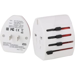 A white travel adapter with multiple plug options and USB ports, featuring an LED indicator and a branded logo.