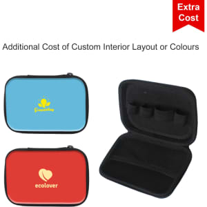 A large zipper case in bright blue and red, featuring interior compartments and a black lining. It has a logo on each side.