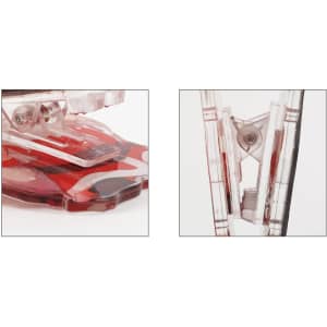 Acrylic magnetic clip in clear and red colours, featuring a logo on its side. Close-up view of the clip mechanism.