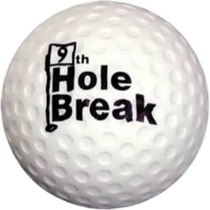A golf ball-shaped stress reliever in white with a logo featuring black text.