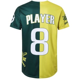 A full-button baseball jersey in green and yellow, featuring a logo and the number 8 on the back.