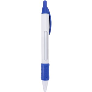 A pen with a white barrel, blue grip and clip, featuring a clear section to display a spinning message.