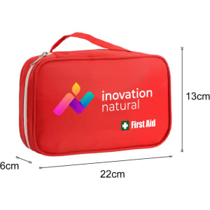 A red first aid kit bag with a handle, featuring a logo and dimensions of 22cm x 13cm x 6cm.