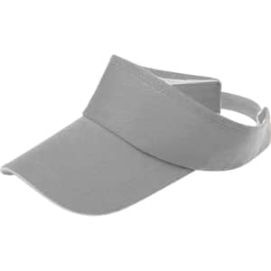 A grey sandwich sun visor with a wide brim and adjustable strap at the back. It features a branding logo.