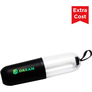 A capsule-shaped storage container with a black bottom and clear top, featuring green branding and a carrying loop.