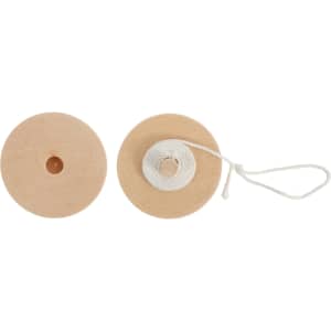 A wooden yoyo in natural wood colour with a white string coiled around it. It features a circular shape and a central hole.