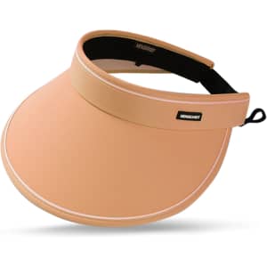 A wide brim sun visor hat in a peach colour with a black logo detail.