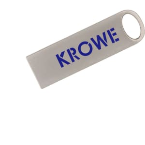 A silver flash drive with a blue logo and a rounded hole for easy attachment.