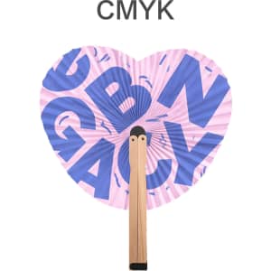 A heart-shaped wooden paper fan featuring a pink and blue design with a natural wooden handle.