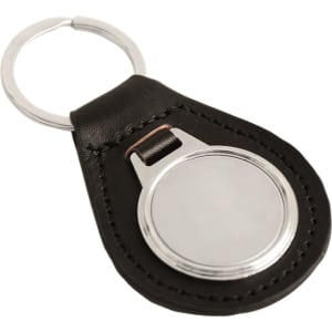 A black PU leather keyring with a metal circular attachment and a silver keyring. It has a logo.