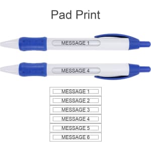 A blue and white pen featuring a window displaying multiple messages, with a textured grip for comfort.