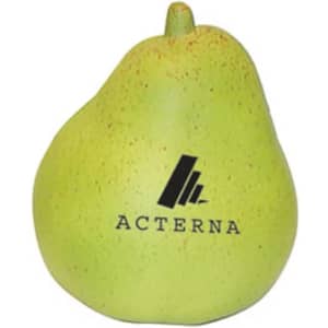 A green pear-shaped stress reliever with a logo on one side, featuring a textured surface.
