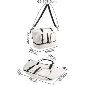 A white Travel Weekender Bag featuring multiple pockets, adjustable straps, and a branding logo. Measures 65-107.5cm.