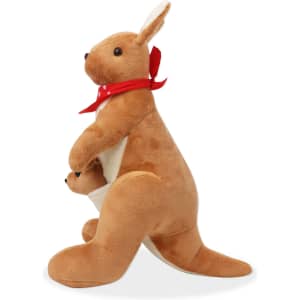 A brown kangaroo plush toy with a red scarf, featuring a smaller kangaroo peeking out from its pouch.