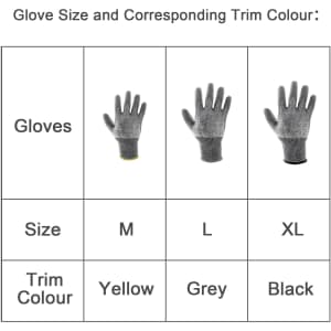 Cut-resistant PU gloves in grey with yellow and black trim options, displayed in three sizes: M, L, and XL.