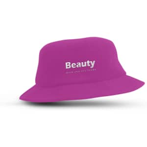 A pink Terry Toweling Bucket Hat featuring a logo on the front, suitable for leisure and outdoor activities.