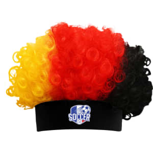 A curly afro headband wig featuring vibrant red, yellow, and black colours, with a logo on the band.