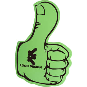 A green foam mitt shaped like a thumbs-up is displayed, featuring a logo on the palm.