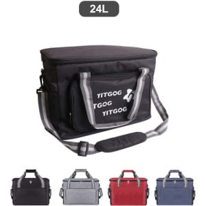 A black cooler bag with a shoulder strap and various colours displayed at the bottom, featuring a logo.