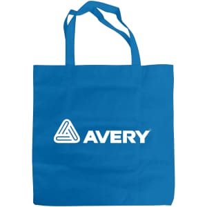 A royal blue non-woven foldable bag with two handles and a logo on the front.