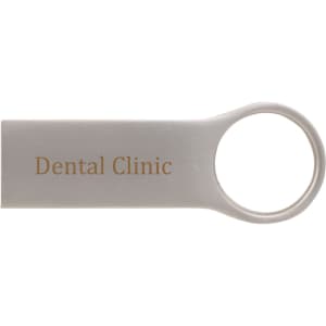 A grey Twister Go USB flash drive with a circular attachment, featuring "Dental Clinic" text.