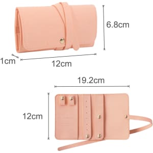 A synthetic leather jewellery bag in a soft pink colour, featuring a strap and multiple compartments for accessories.
