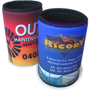Two stubby holders featuring vibrant red, yellow, and blue designs, each with distinct branding and logos.