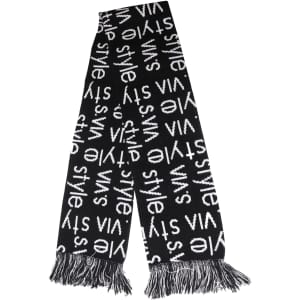 Acrylic fibres scarf in black and white featuring a repeating text pattern and fringed ends. Has a logo.