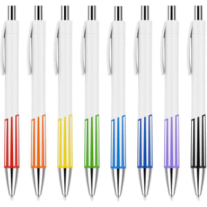 A set of eight colourful pens with creamy white barrels, featuring different vibrant colours at the base and silver accents.