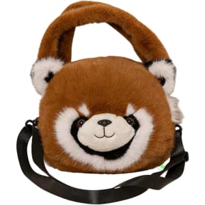 A brown plush handbag designed as a cute animal with a black and white face, featuring a shoulder strap.