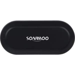 A black charging case for wireless earbuds with a branding logo on the top.