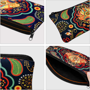 A colourful neoprene pencil case with a floral design, featuring a zip closure and a black interior.