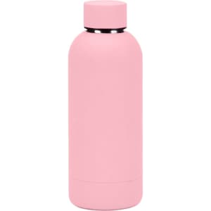 A drink bottle in pastel pink, made of recycled stainless steel with an insulated design and a logo.
