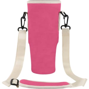 A drink bottle carrier bag in vibrant pink, featuring a sturdy strap and clips for easy transport.