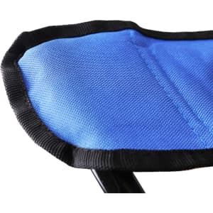 A close-up of a blue fabric camping chair with black edging. The chair features a sturdy frame.