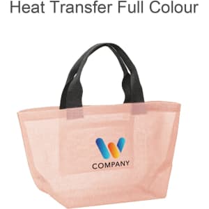 A premium small mesh beach tote bag in peach with black handles and a logo design on the front.