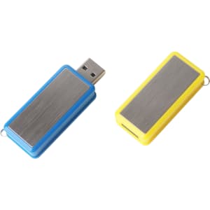 A 360 degree rotating flash drive in blue and yellow with a metallic panel and branding.