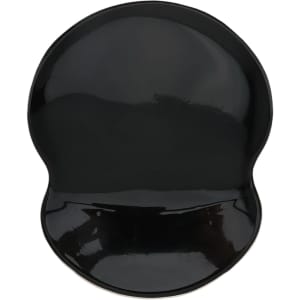 A black lightweight gel pad with a smooth, shiny surface, featuring a rounded shape. It has a logo on it.
