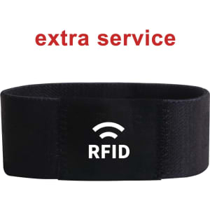 A black stretchy wristband featuring an RFID logo and a branding badge.