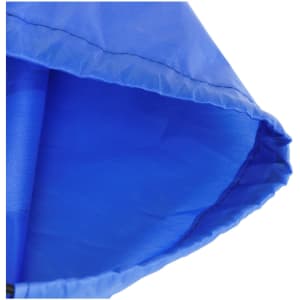 A blue polyester drawstring bag with a simple design and a drawstring closure. Features a logo.