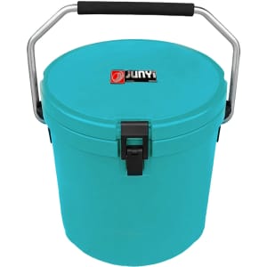 A turquoise 12L ice bucket with a handle and a secure lid, featuring a logo on the front.