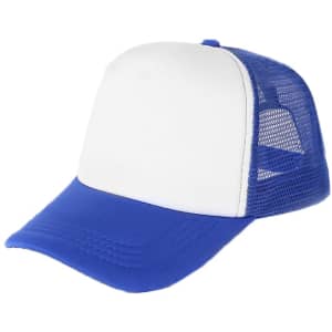 A blue and white trucker cap featuring a solid front panel and mesh back. It has a logo on the front.