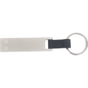A silver mini flash drive keychain with a dark grey loop and a metal ring for attachment.