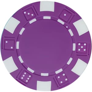 A purple poker chip with white accents and a circular shape, featuring dice designs. It has a logo in the centre.