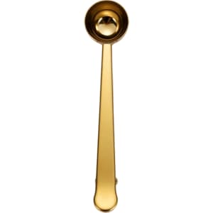 A gold coffee measuring spoon with a clip, featuring a sleek design and a shiny finish.